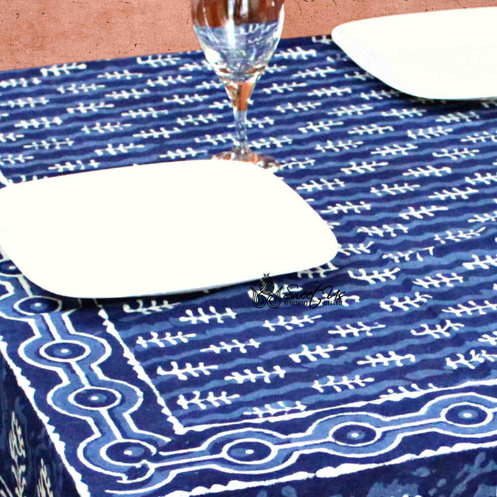 Chiara Petals Cotton Hand Block Print Tablecloth Rectangle, Indigo Blue