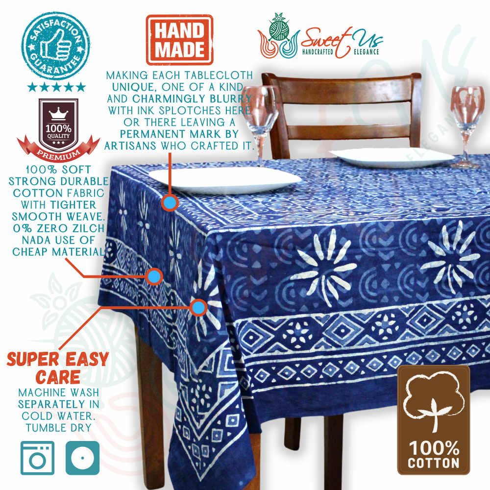 Chiara Mosaic Cotton Hand Block Print Tablecloth Rectangle, Indigo Blue