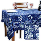 Chiara Mosaic Cotton Hand Block Print Tablecloth Rectangle, Indigo Blue