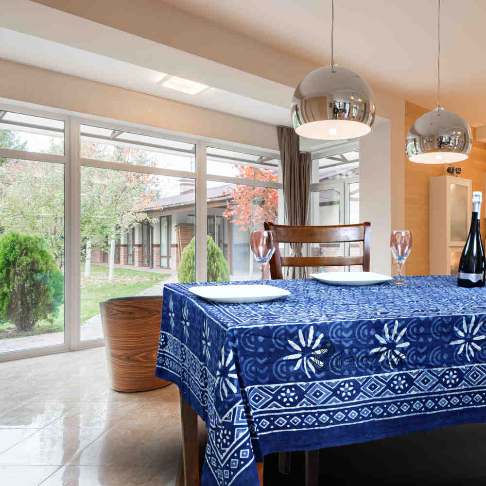 Chiara Mosaic Cotton Hand Block Print Tablecloth Rectangle, Indigo Blue