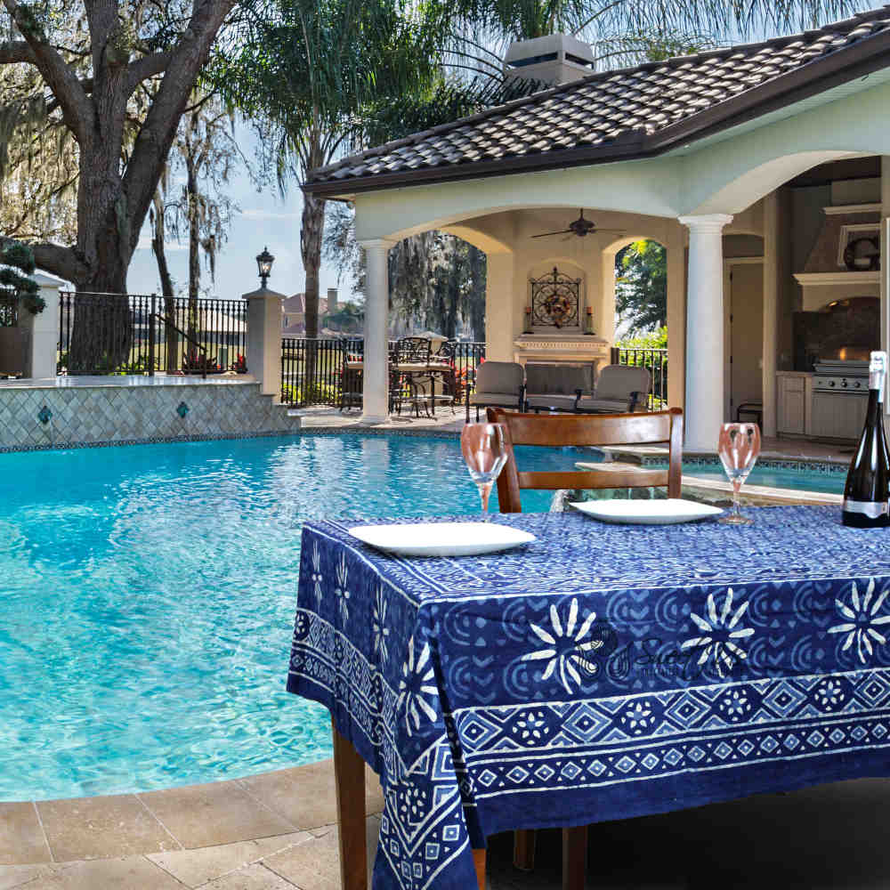 Chiara Mosaic Cotton Hand Block Print Tablecloth Rectangle, Indigo Blue