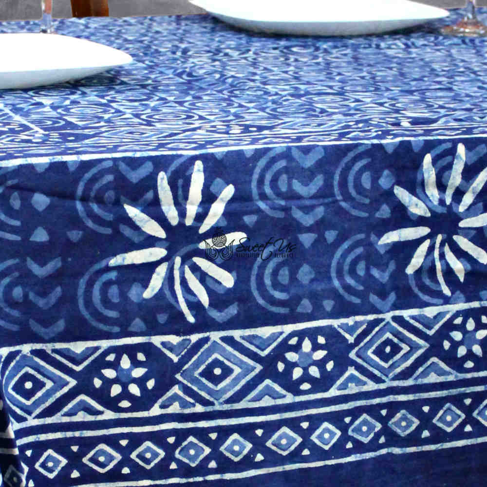 Chiara Mosaic Cotton Hand Block Print Tablecloth Rectangle, Indigo Blue