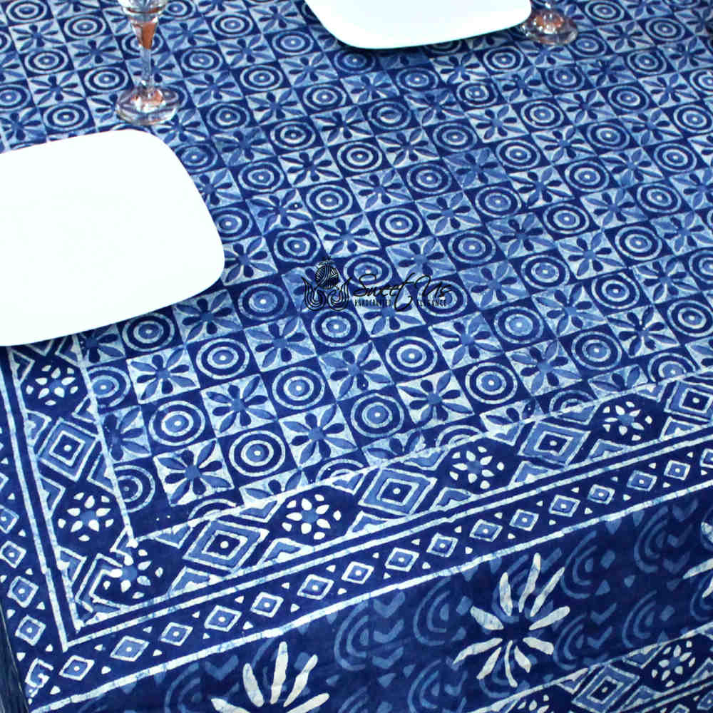 Chiara Mosaic Cotton Hand Block Print Tablecloth Rectangle, Indigo Blue