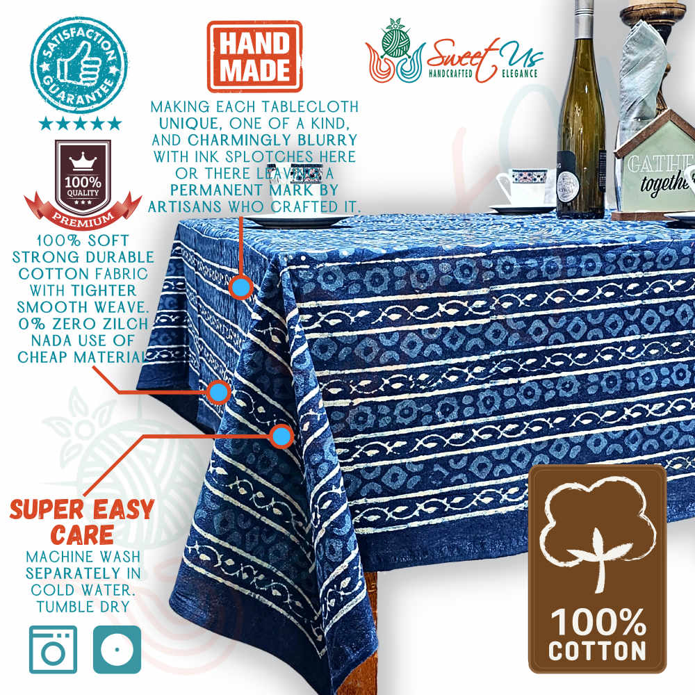 Chiara Eternity Cotton Hand Block Print Tablecloth Rectangle, Indigo Blue