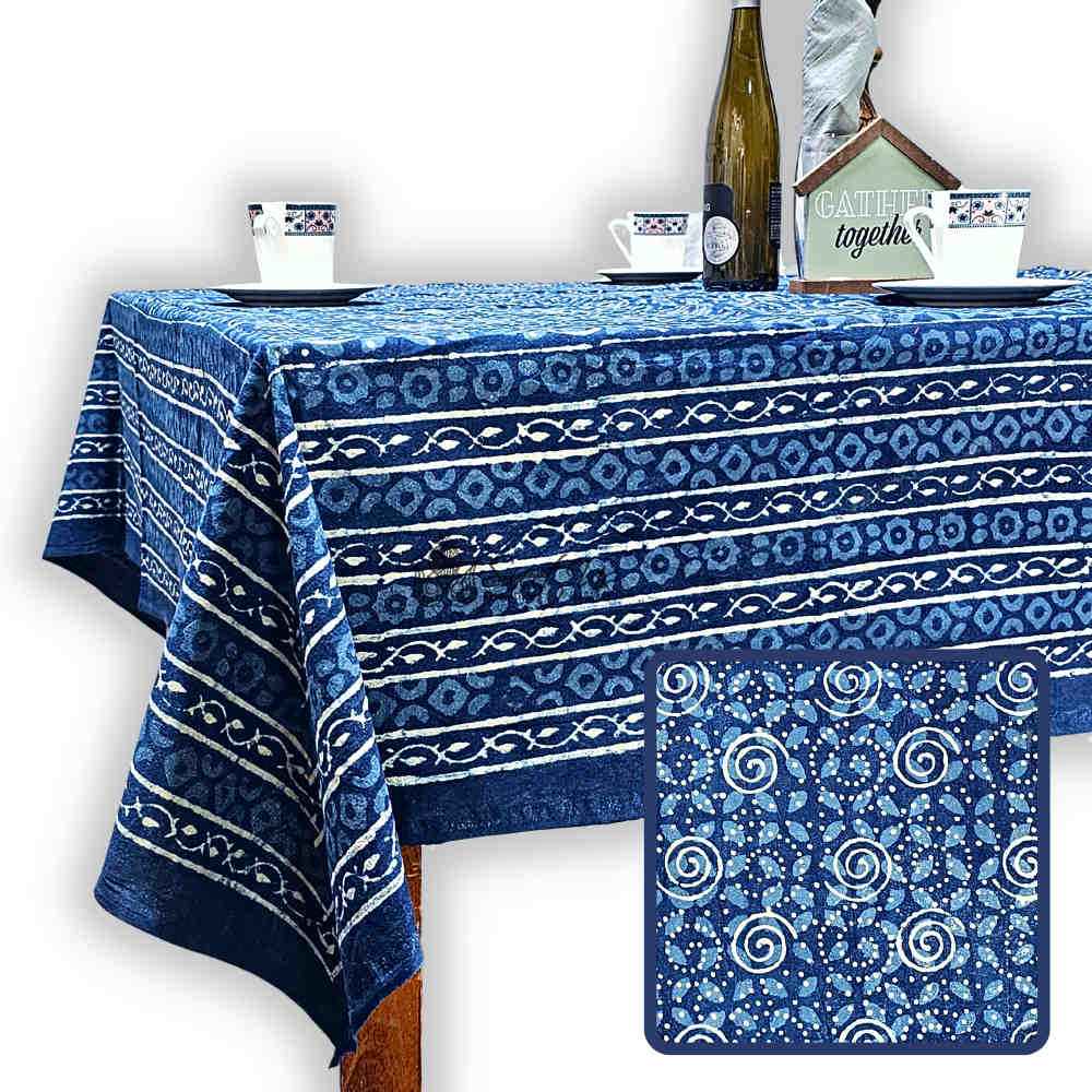 Chiara Eternity Cotton Hand Block Print Tablecloth Rectangle, Indigo Blue
