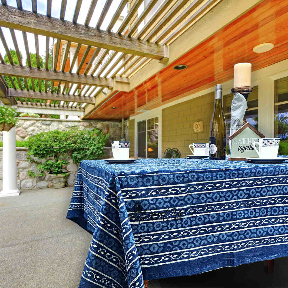 Chiara Eternity Cotton Hand Block Print Tablecloth Rectangle, Indigo Blue