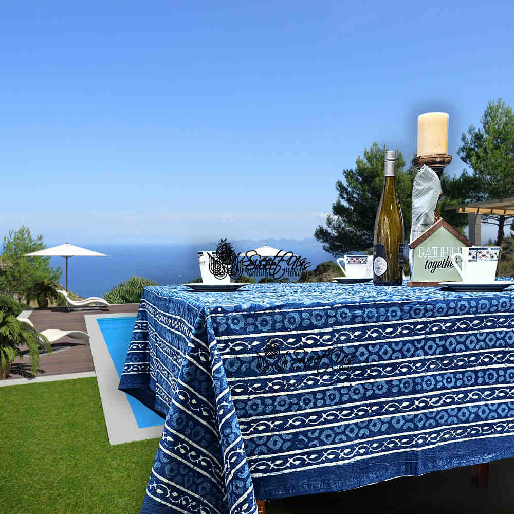 Chiara Eternity Cotton Hand Block Print Tablecloth Rectangle, Indigo Blue