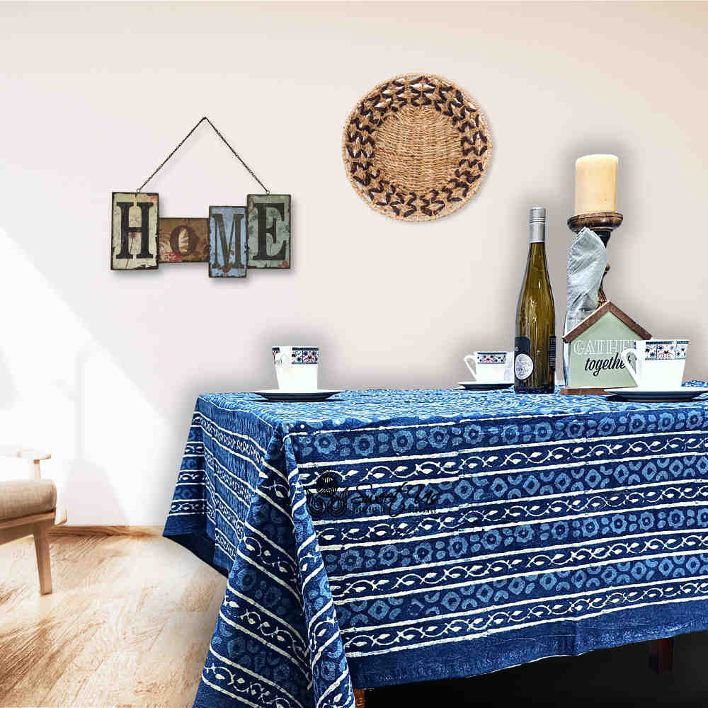 Chiara Eternity Cotton Hand Block Print Tablecloth Rectangle, Indigo Blue