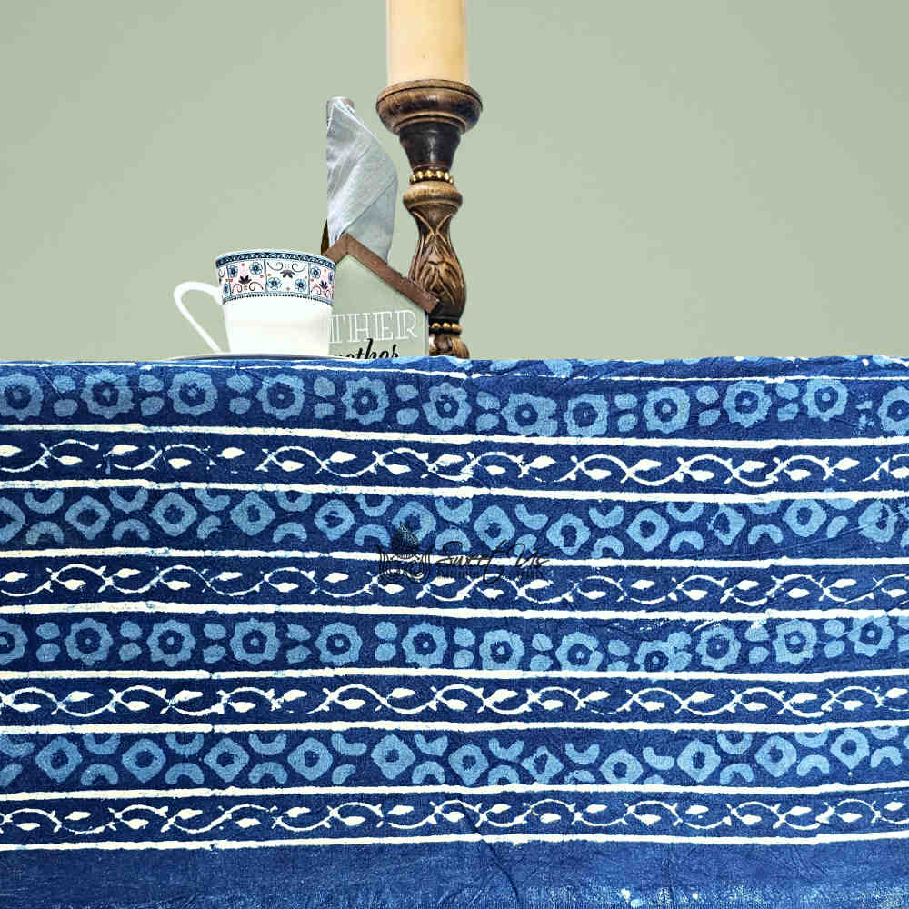 Chiara Eternity Cotton Hand Block Print Tablecloth Rectangle, Indigo Blue