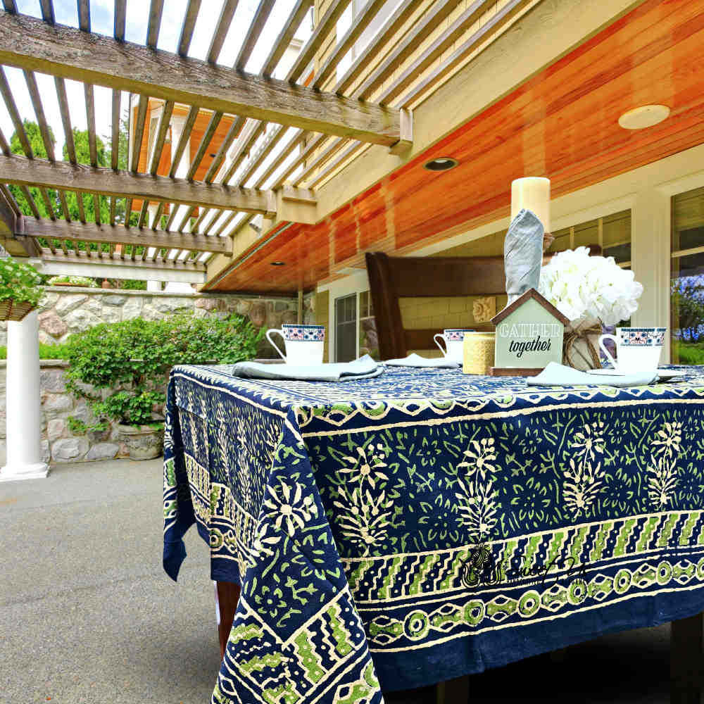Block Print Cotton Floral Rectangle Tablecloth 60x90 Blue, Green, Red