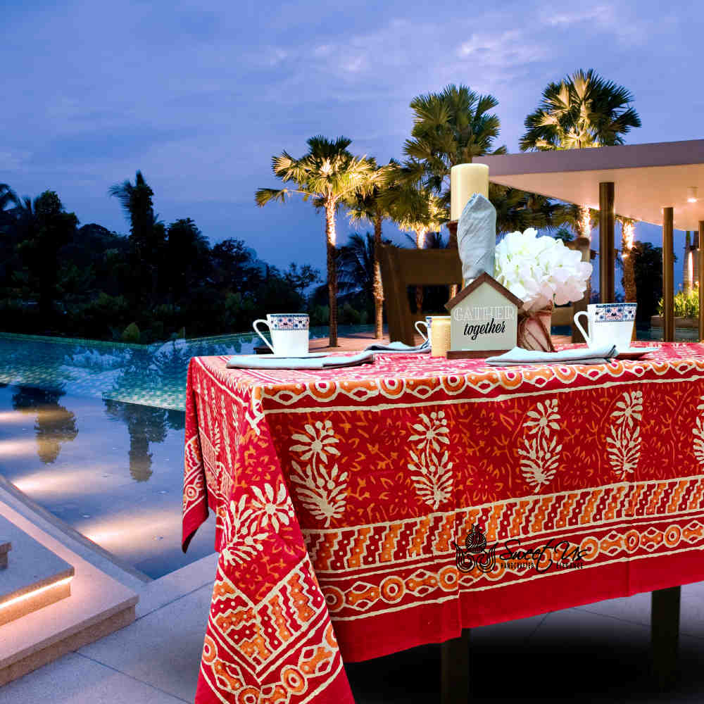 Block Print Cotton Floral Rectangle Tablecloth 60x90 Blue, Green, Red