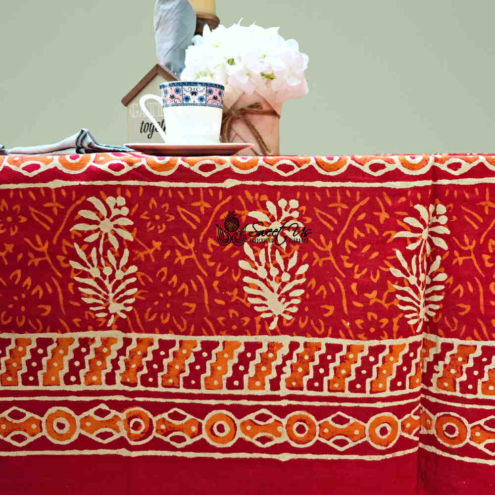 Block Print Cotton Floral Rectangle Tablecloth 60x90 Blue, Green, Red