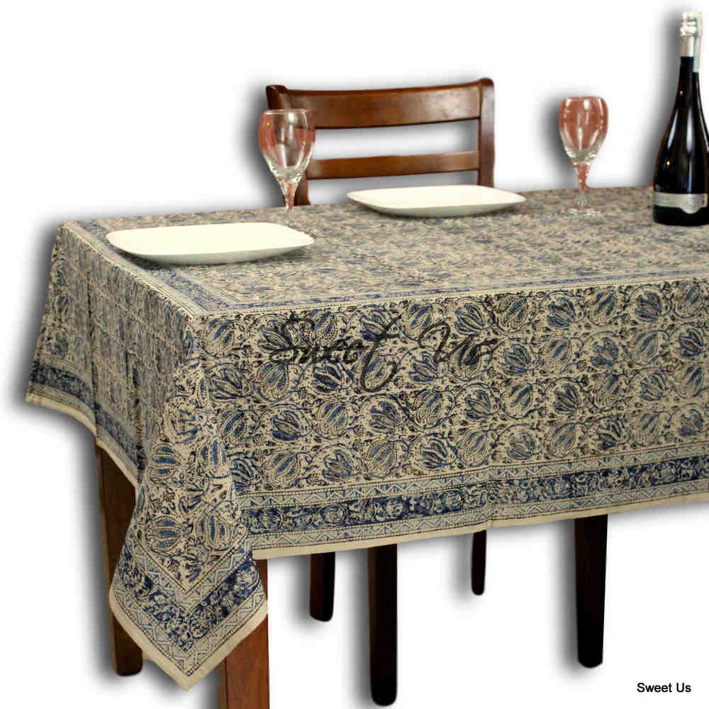 Cotton Vegetable Dye Hand Block Print Tablecloth Rectangle, Green, Red