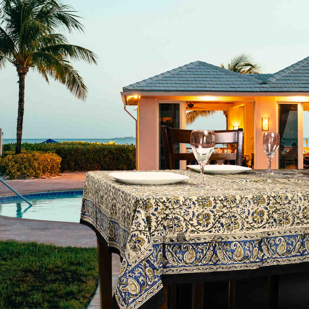 Vintage Paisley Cotton Block Print Floral Tablecloth Rectangle, Aqua Dusk