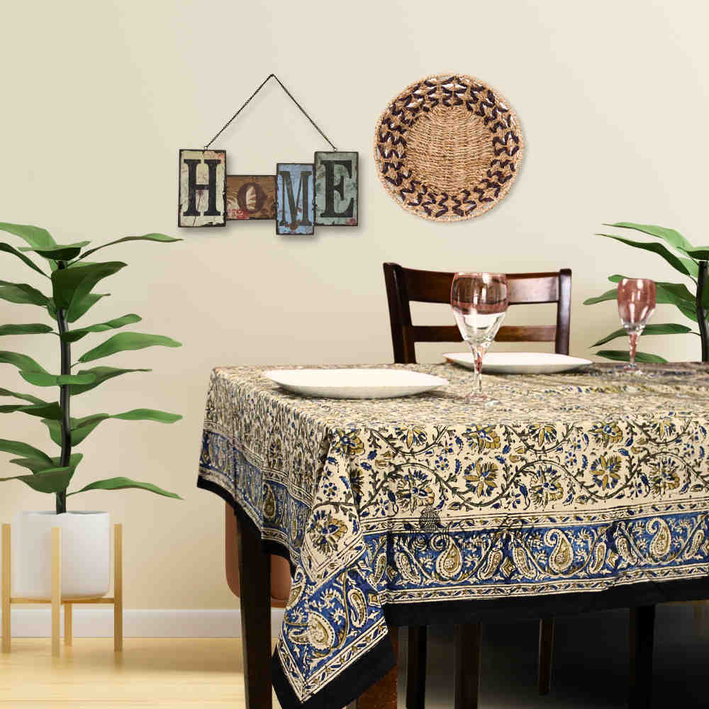 Vintage Paisley Cotton Block Print Floral Tablecloth Rectangle, Aqua Dusk
