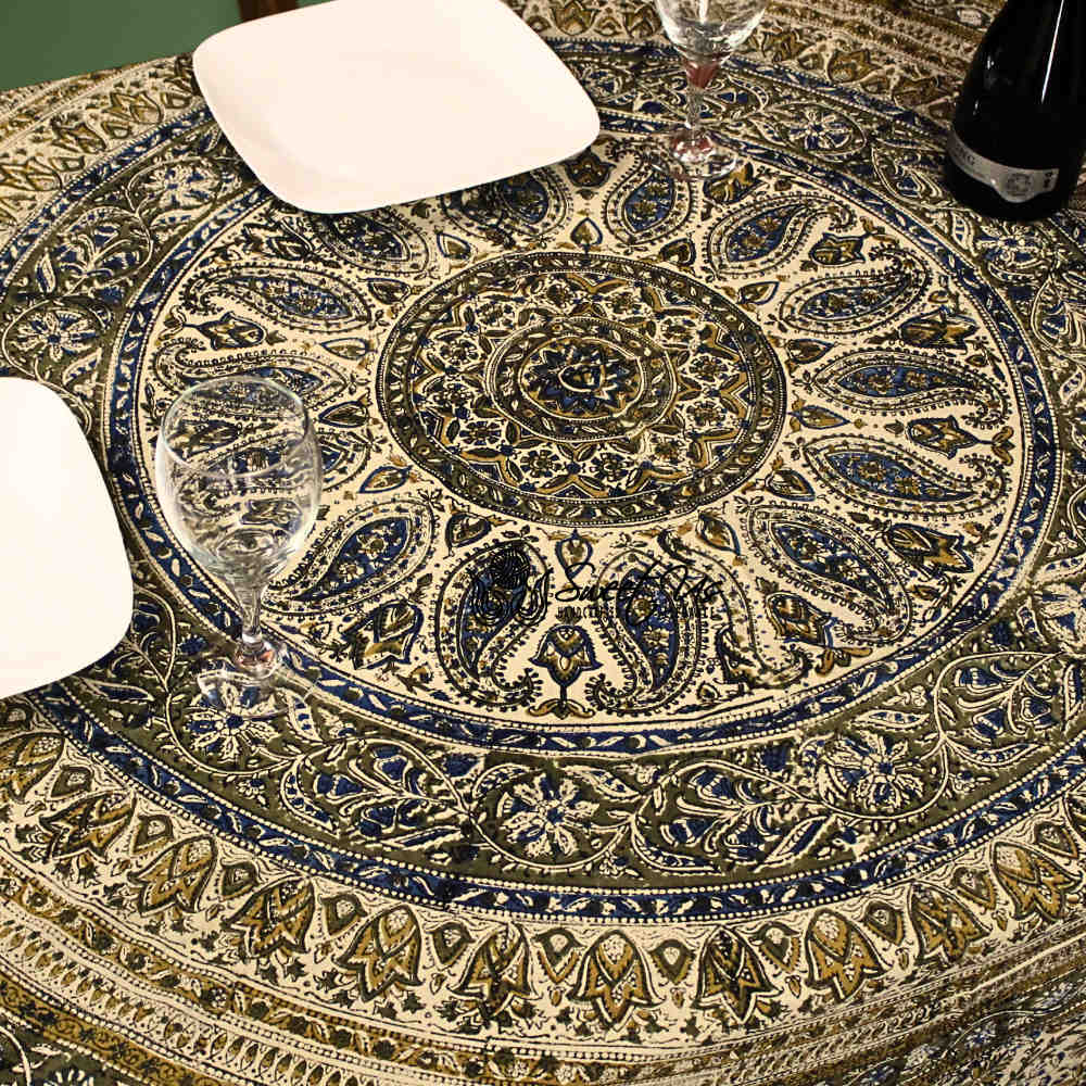 Vintage Paisley Cotton Block Print Floral Tablecloth Rectangle, Aqua Dusk