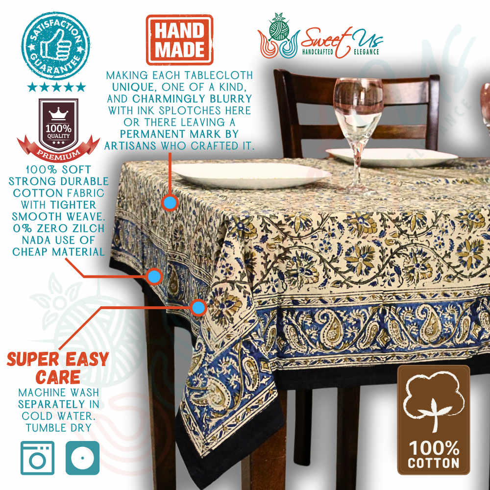 Vintage Paisley Cotton Block Print Floral Tablecloth Rectangle, Aqua Dusk