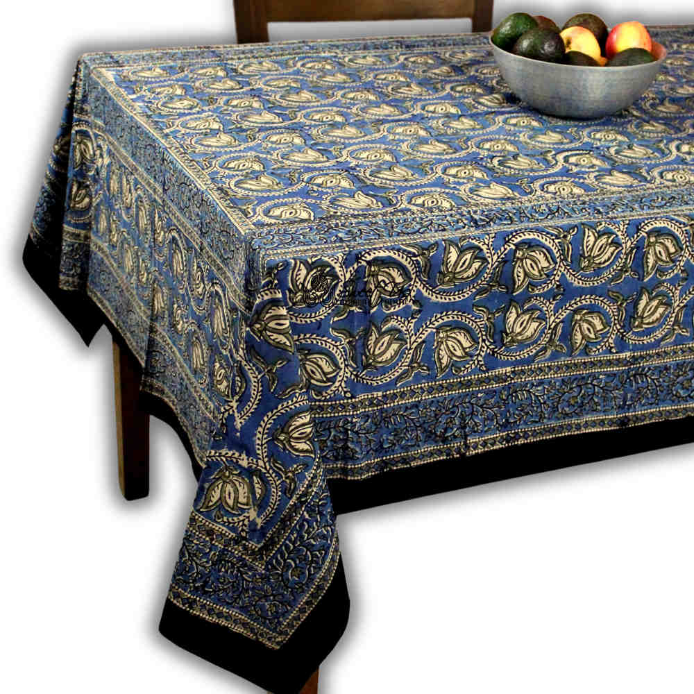 Lotus Haven Cotton Block Print Floral Tablecloth Rectangle, Twilight Abyss