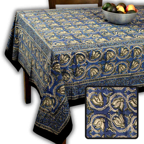 Lotus Haven Cotton Block Print Floral Tablecloth Rectangle, Twilight Abyss
