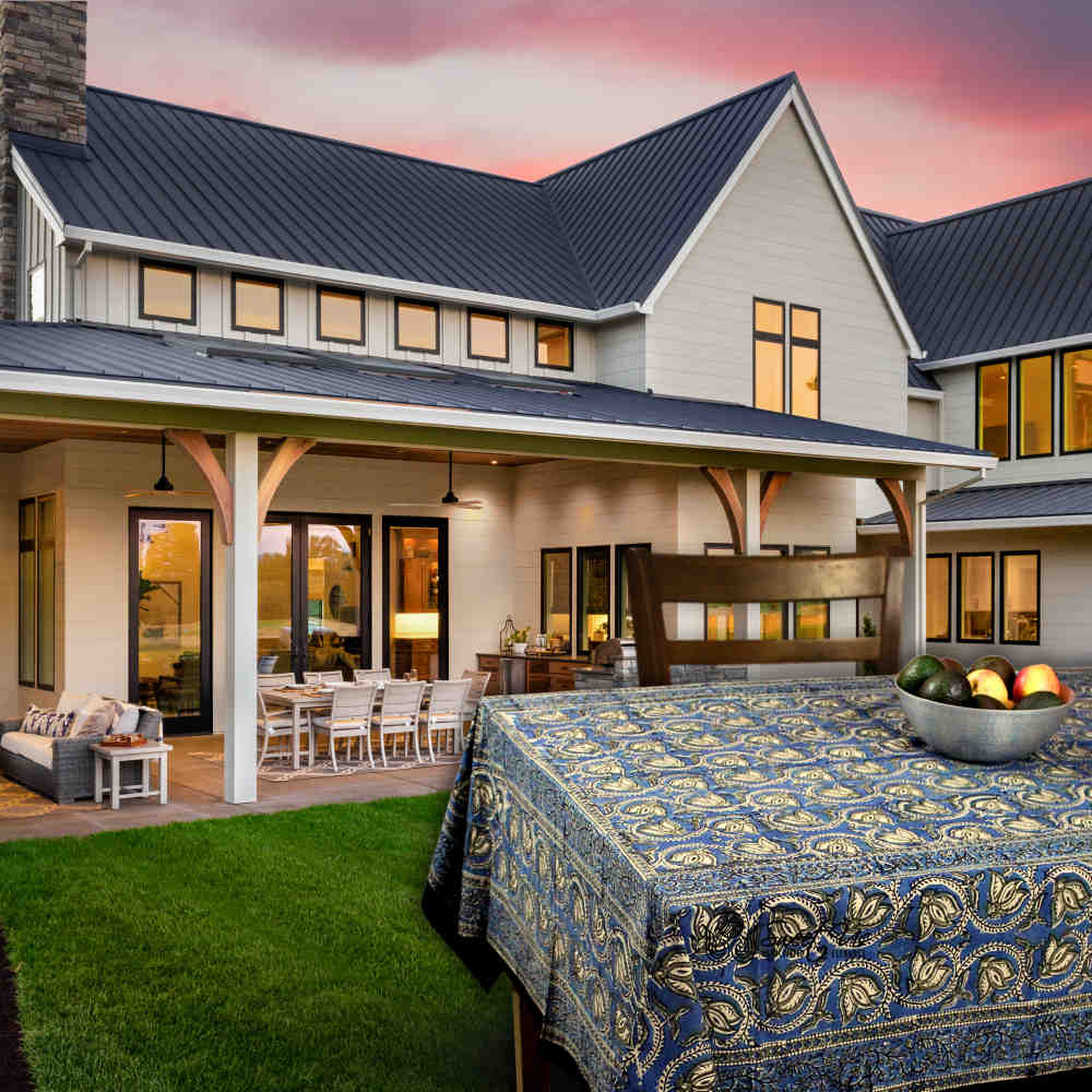 Lotus Haven Cotton Block Print Floral Tablecloth Rectangle, Twilight Abyss