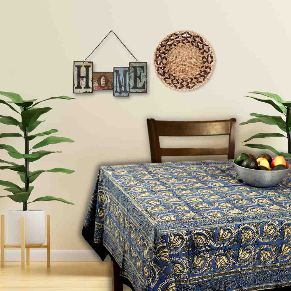 Lotus Haven Cotton Block Print Floral Tablecloth Rectangle, Twilight Abyss