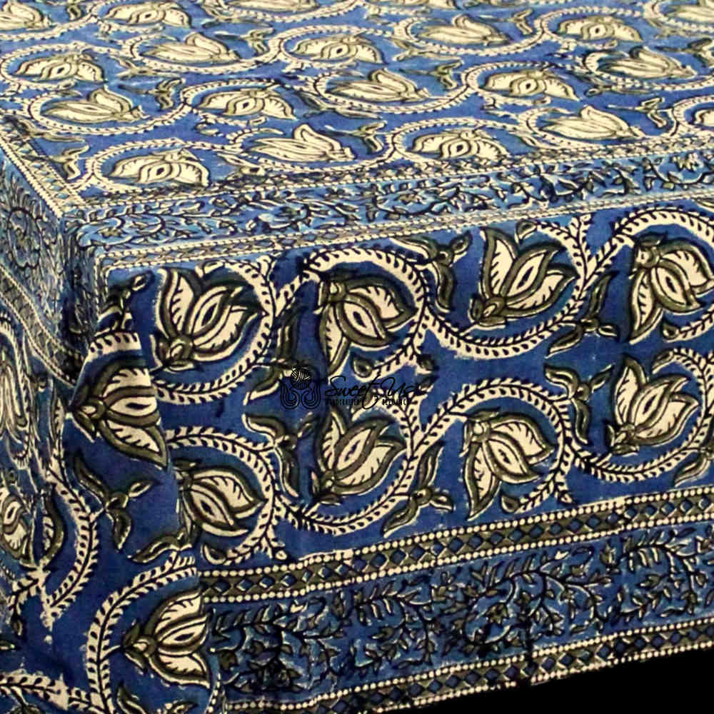 Lotus Haven Cotton Block Print Floral Tablecloth Rectangle, Twilight Abyss
