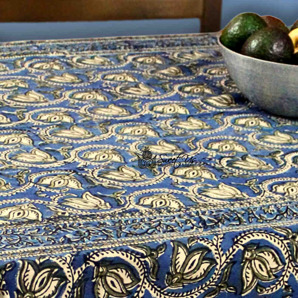 Lotus Haven Cotton Block Print Floral Tablecloth Rectangle, Twilight Abyss