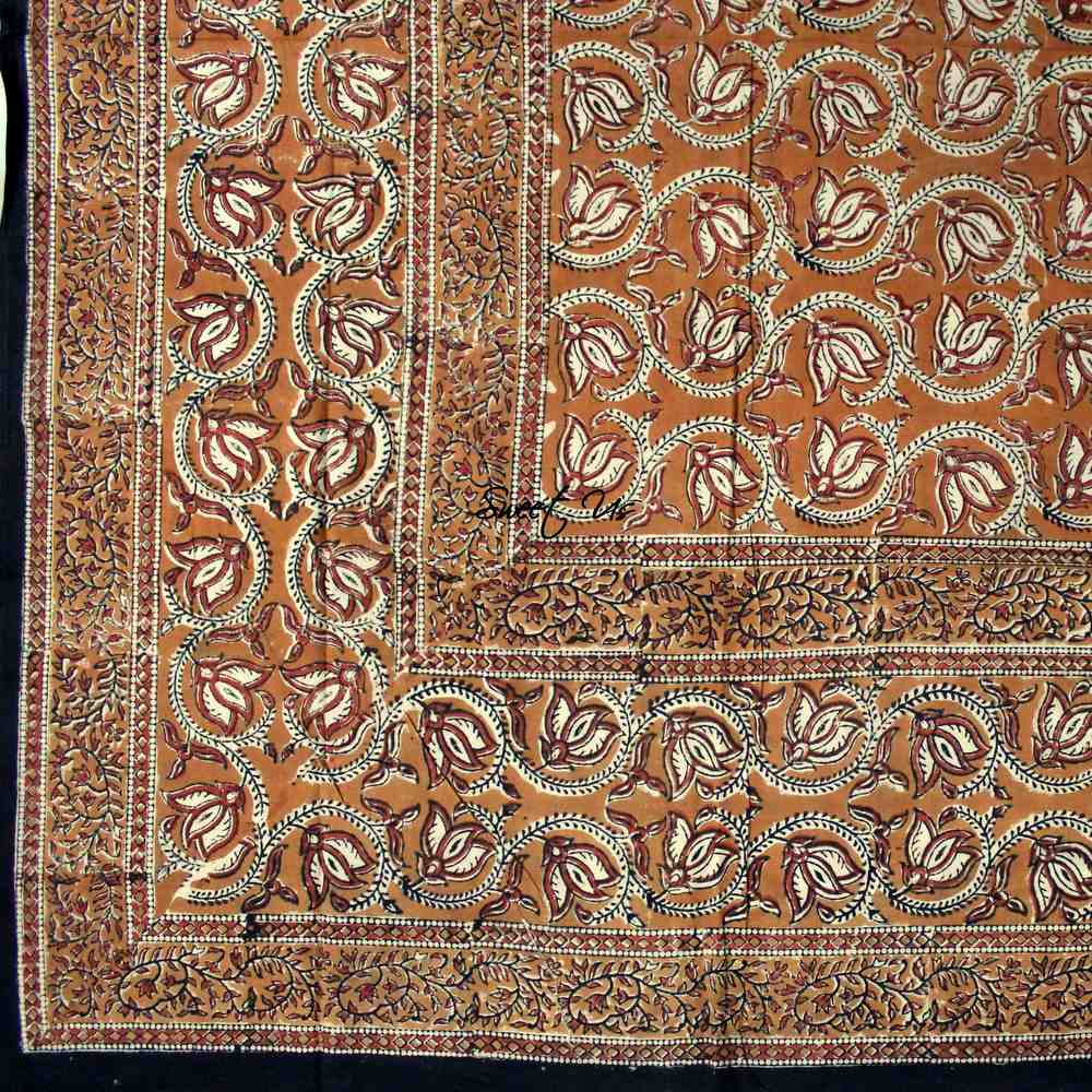 Lotus Haven Cotton Block Print Floral Tablecloth Rectangle, Cocoa Comfort