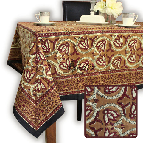 Lotus Haven Cotton Block Print Floral Tablecloth Rectangle, Cocoa Comfort