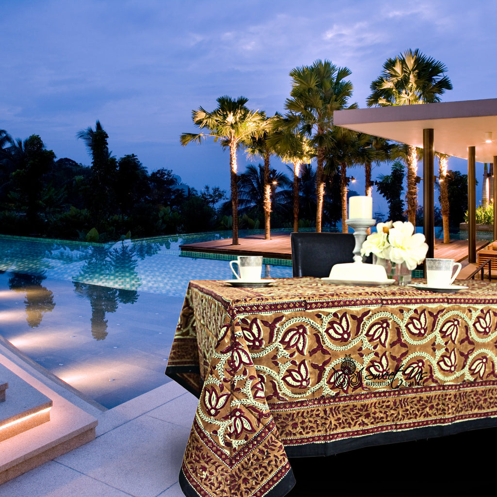 Lotus Haven Cotton Block Print Floral Tablecloth Rectangle, Cocoa Comfort