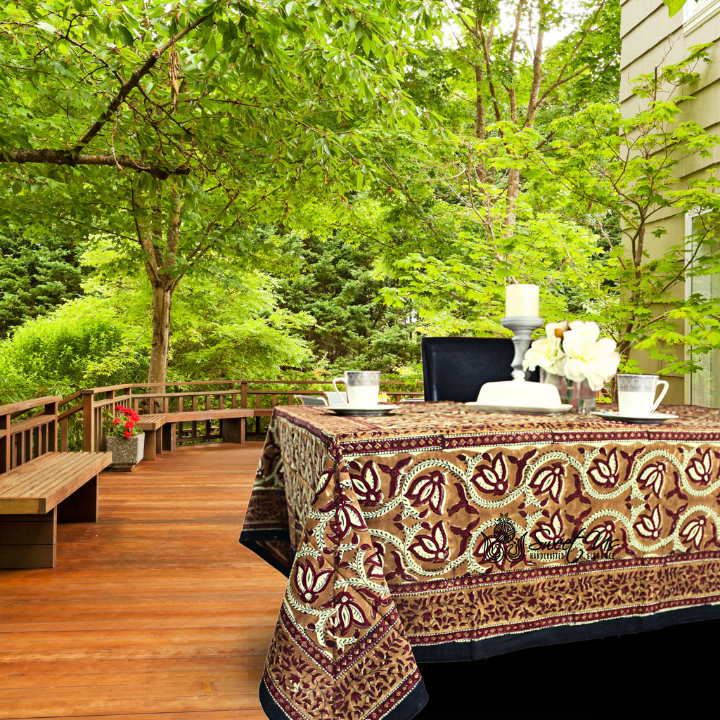 Lotus Haven Cotton Block Print Floral Tablecloth Rectangle, Cocoa Comfort