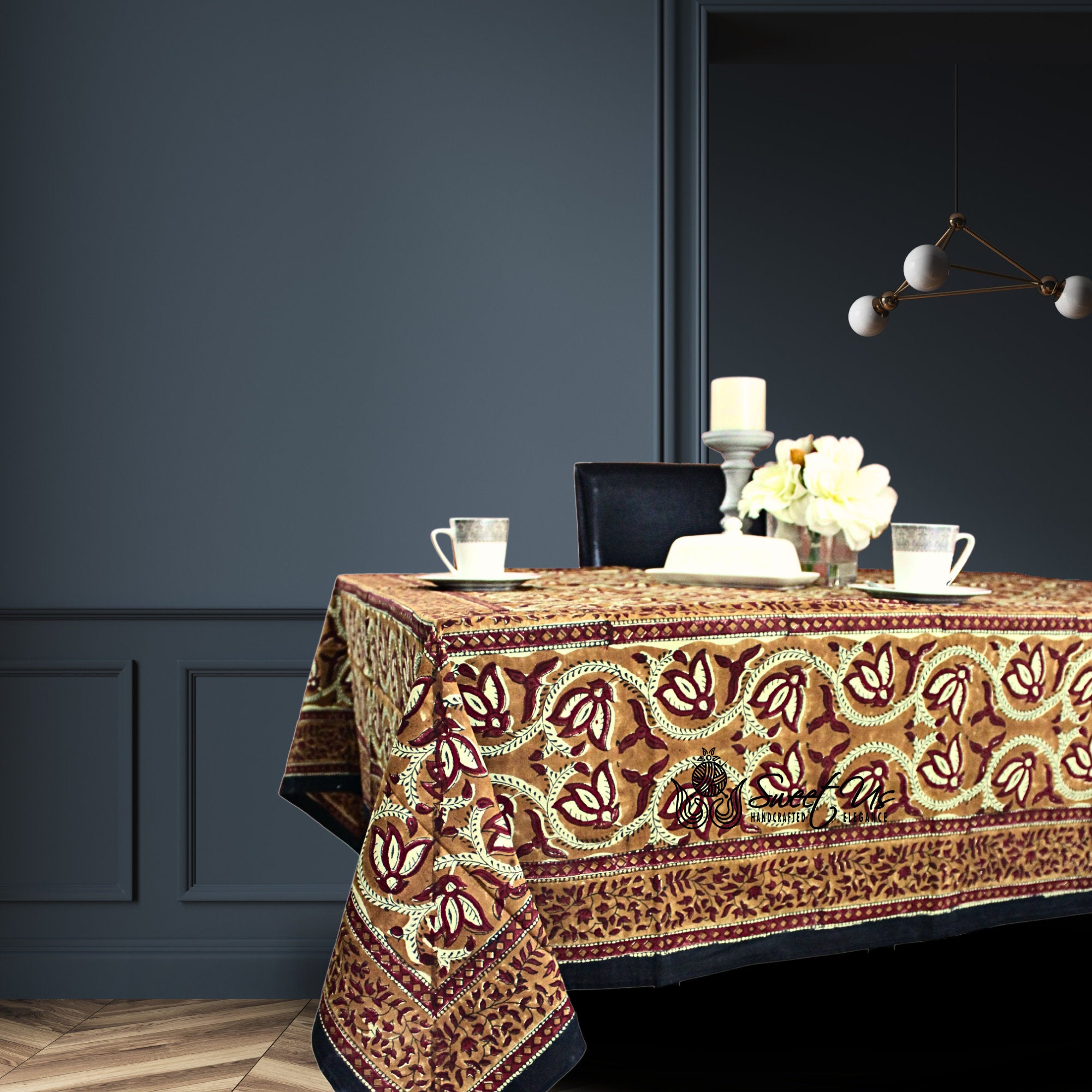 Lotus Haven Cotton Block Print Floral Tablecloth Rectangle, Cocoa Comfort