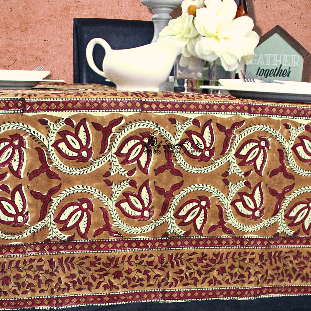 Lotus Haven Cotton Block Print Floral Tablecloth Rectangle, Cocoa Comfort