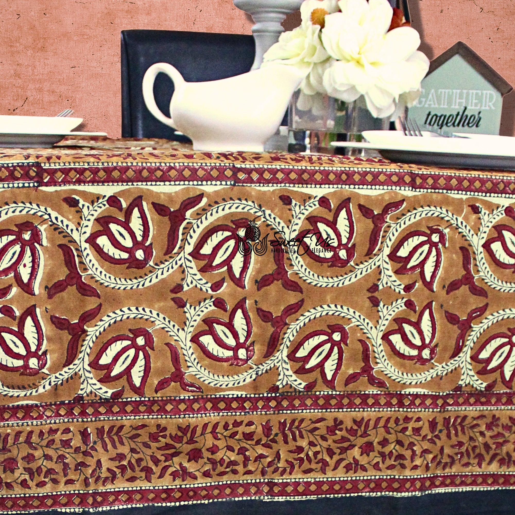 Lotus Haven Cotton Block Print Floral Tablecloth Rectangle, Cocoa Comfort