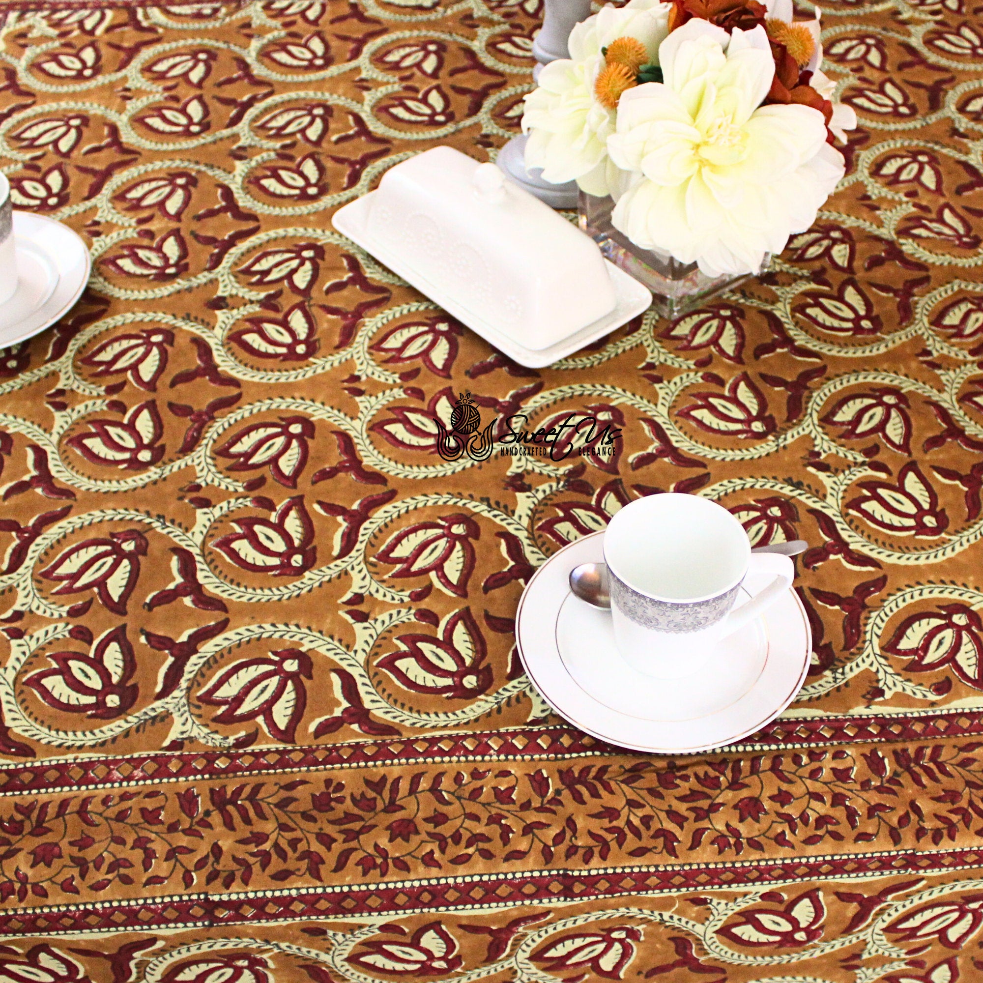 Lotus Haven Cotton Block Print Floral Tablecloth Rectangle, Cocoa Comfort