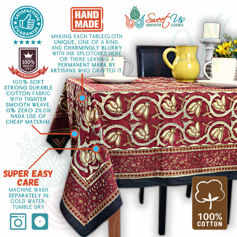 Lotus Haven Cotton Block Print Floral Tablecloth Rectangle, Merlot Mystery