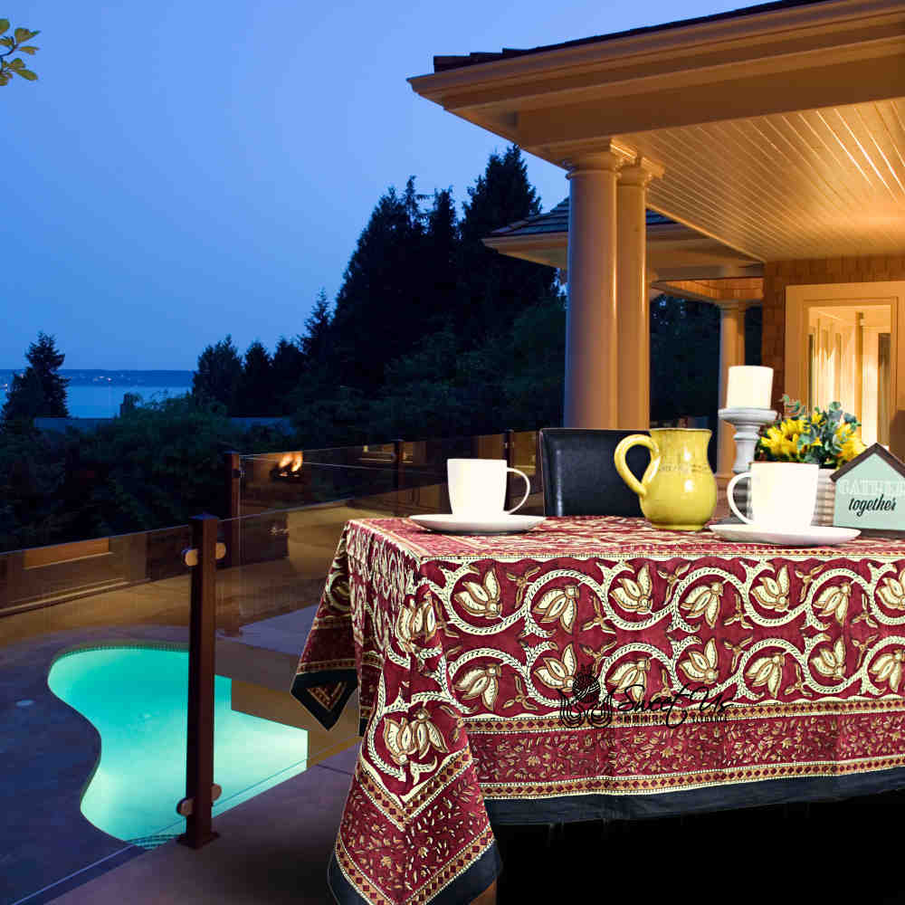 Lotus Haven Cotton Block Print Floral Tablecloth Rectangle, Merlot Mystery