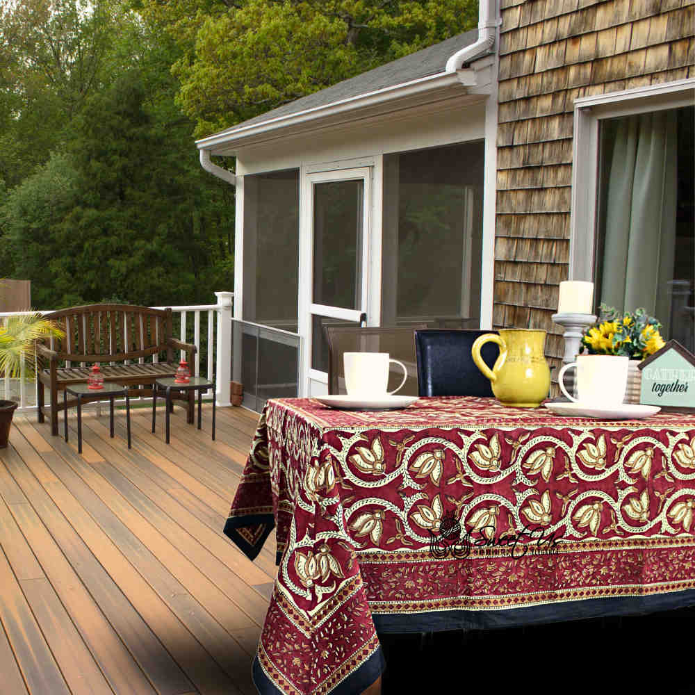 Lotus Haven Cotton Block Print Floral Tablecloth Rectangle, Merlot Mystery