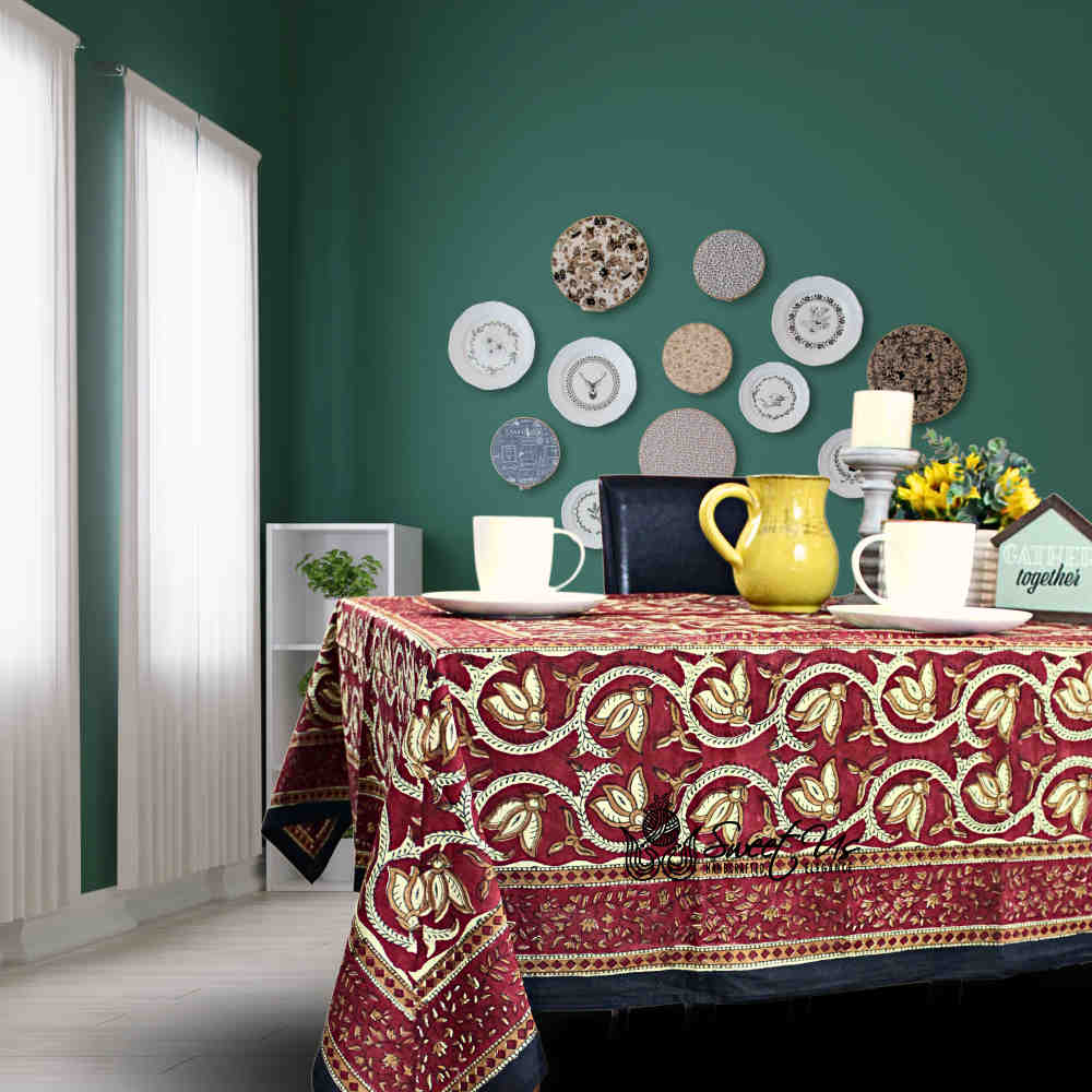 Lotus Haven Cotton Block Print Floral Tablecloth Rectangle, Merlot Mystery