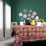 Lotus Haven Cotton Block Print Floral Tablecloth Rectangle, Merlot Mystery