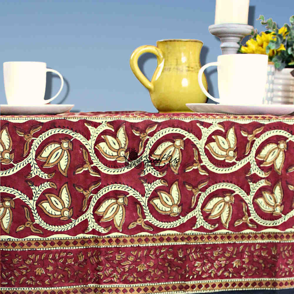 Lotus Haven Cotton Block Print Floral Tablecloth Rectangle, Merlot Mystery