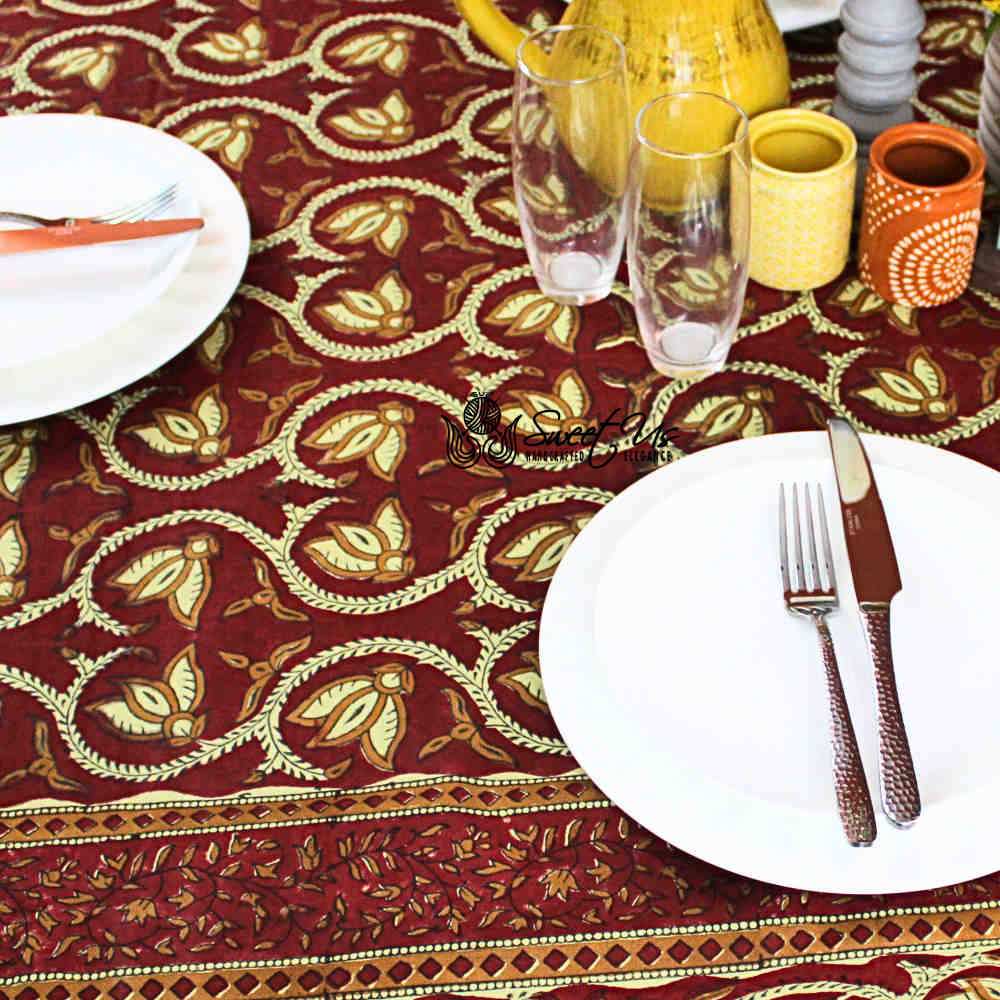 Lotus Haven Cotton Block Print Floral Tablecloth Rectangle, Merlot Mystery