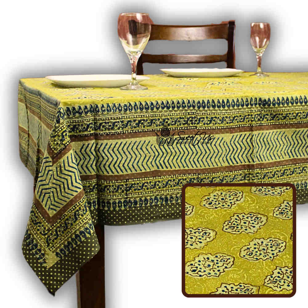 Vintage Diamond Floral Cotton Block Print Tablecloth Rectangle, Golden Dawn - Sweet Us