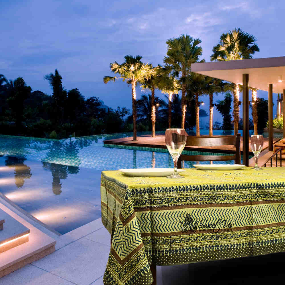 Vintage Diamond Floral Cotton Block Print Tablecloth Rectangle, Golden Dawn