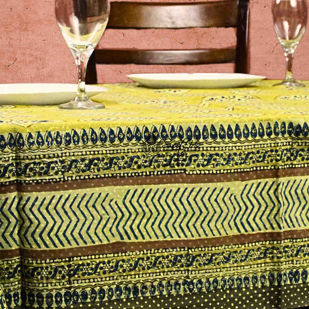 Vintage Diamond Floral Cotton Block Print Tablecloth Rectangle, Golden Dawn