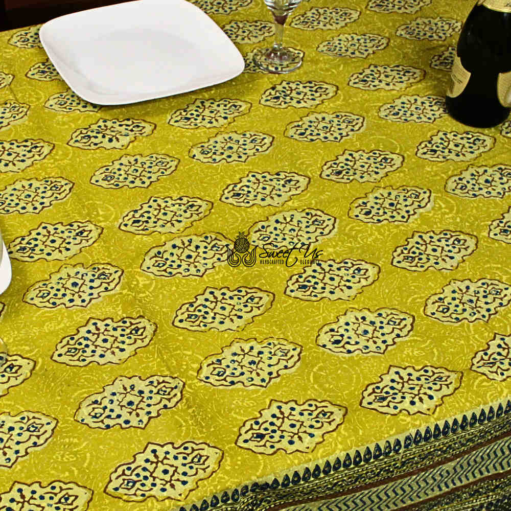 Vintage Diamond Floral Cotton Block Print Tablecloth Rectangle, Golden Dawn