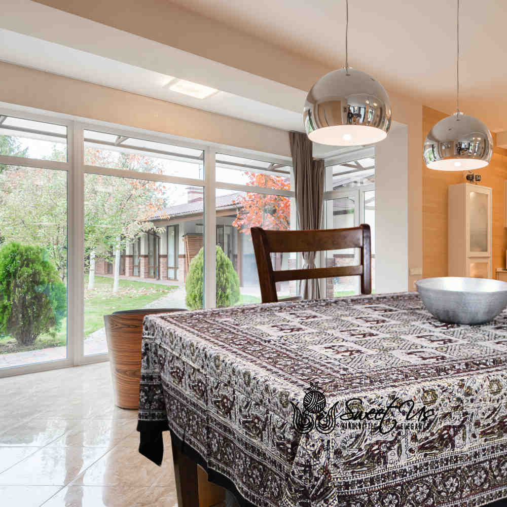 Tusker Trellis Block Print Batik Floral Tablecloth Rectangle, Dusky Horizon