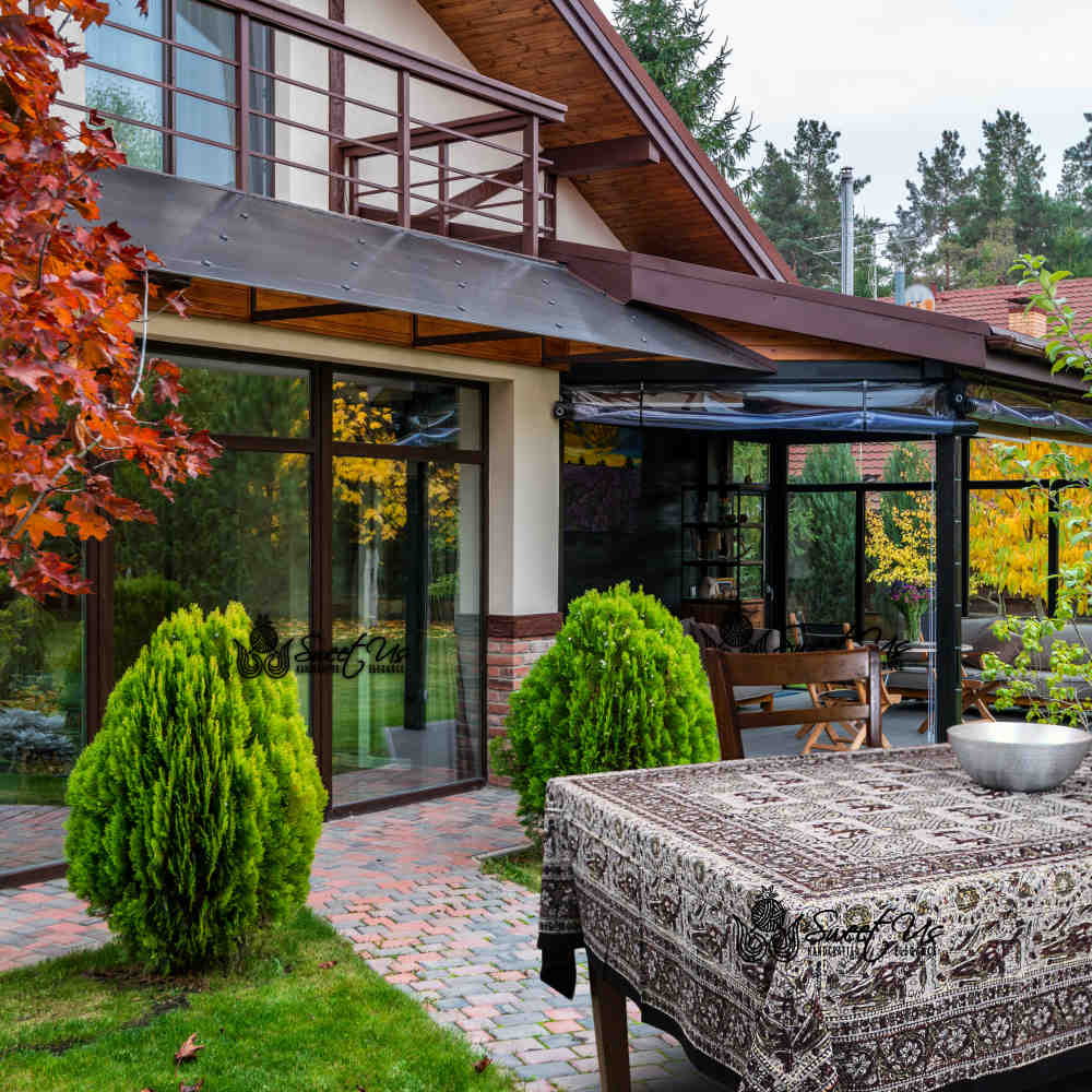 Tusker Trellis Block Print Batik Floral Tablecloth Rectangle, Dusky Horizon