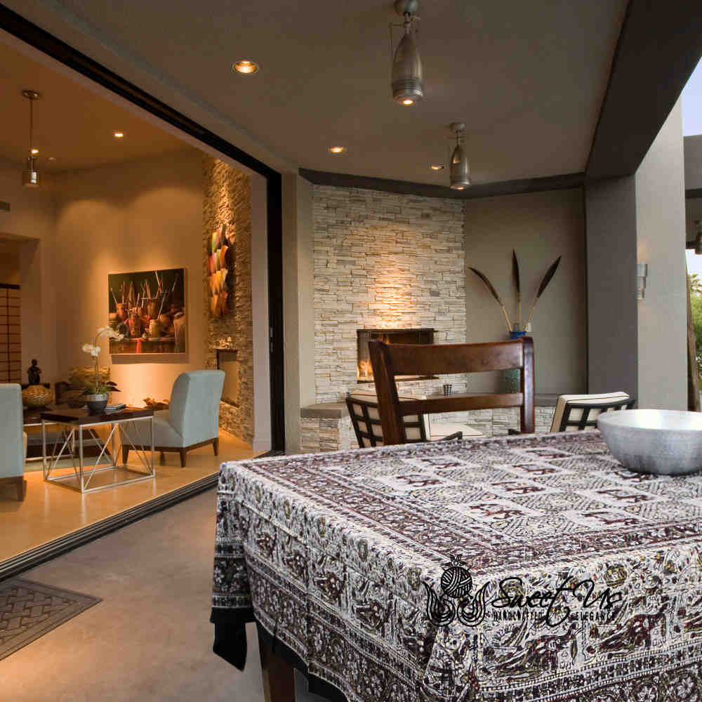 Tusker Trellis Block Print Batik Floral Tablecloth Rectangle, Dusky Horizon