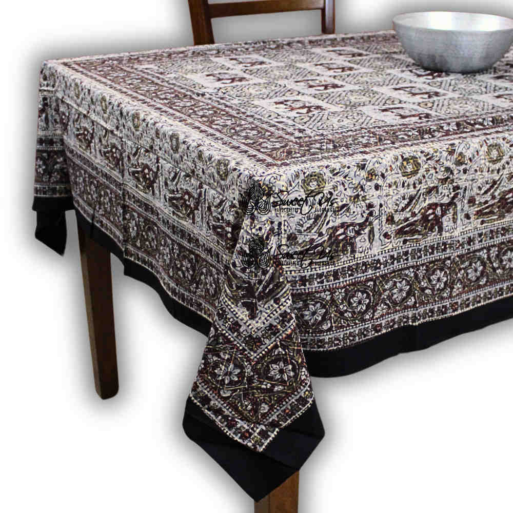 Tusker Trellis Block Print Batik Floral Tablecloth Rectangle, Dusky Horizon